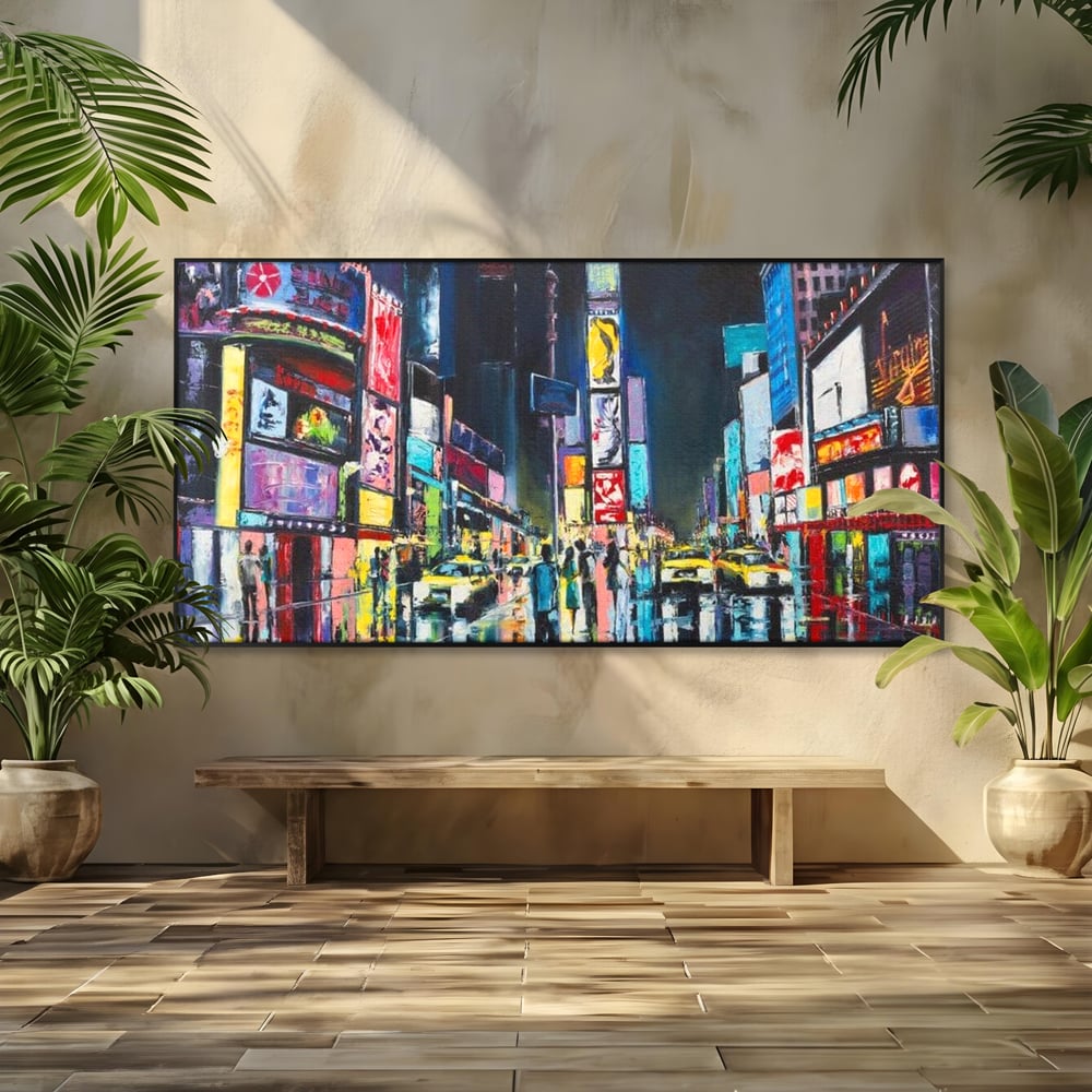 Tablou canvas cu tablou canvas cu peisaj urban nocturn din new york, in rama de aluminiu negru